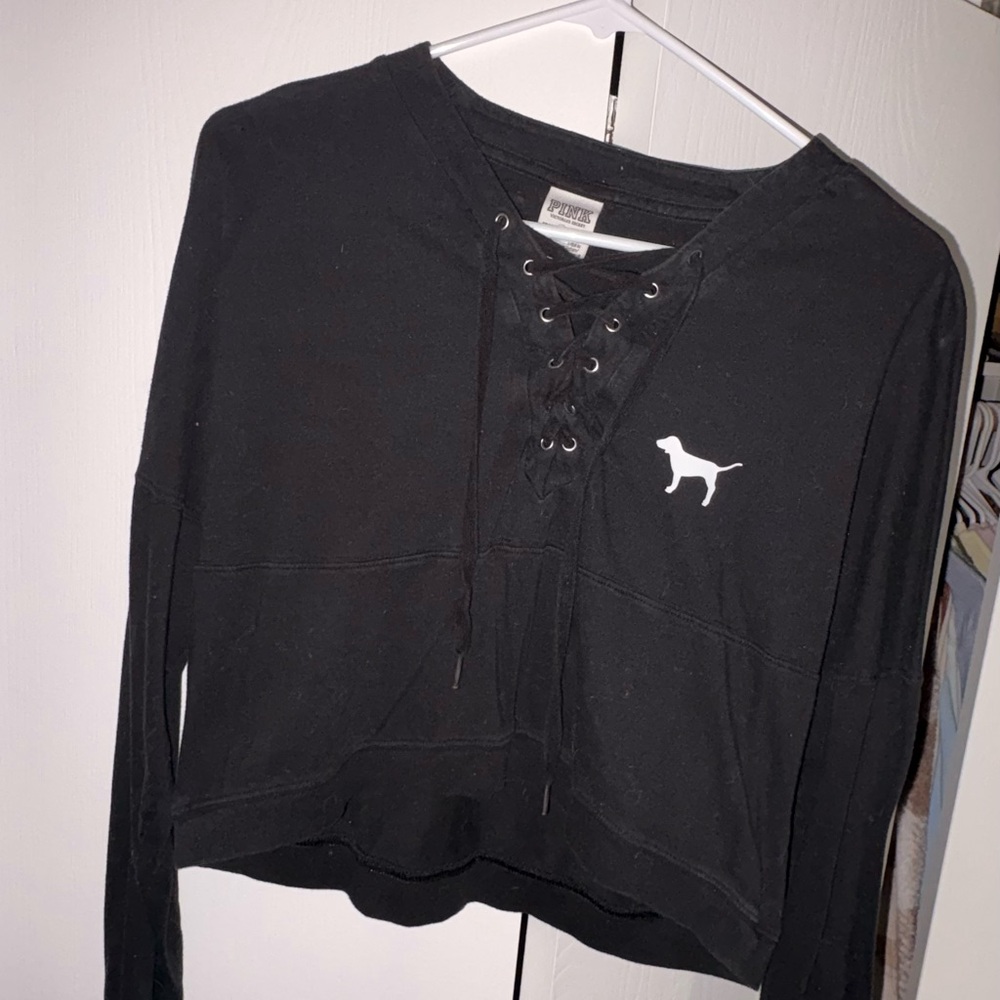 PINK Victoria's Secret Black Lace-Up Crop Top